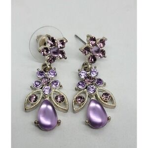 Dangle Purple Lavender Satin Rhinestone Flowers Chandelier Pierced Earrings